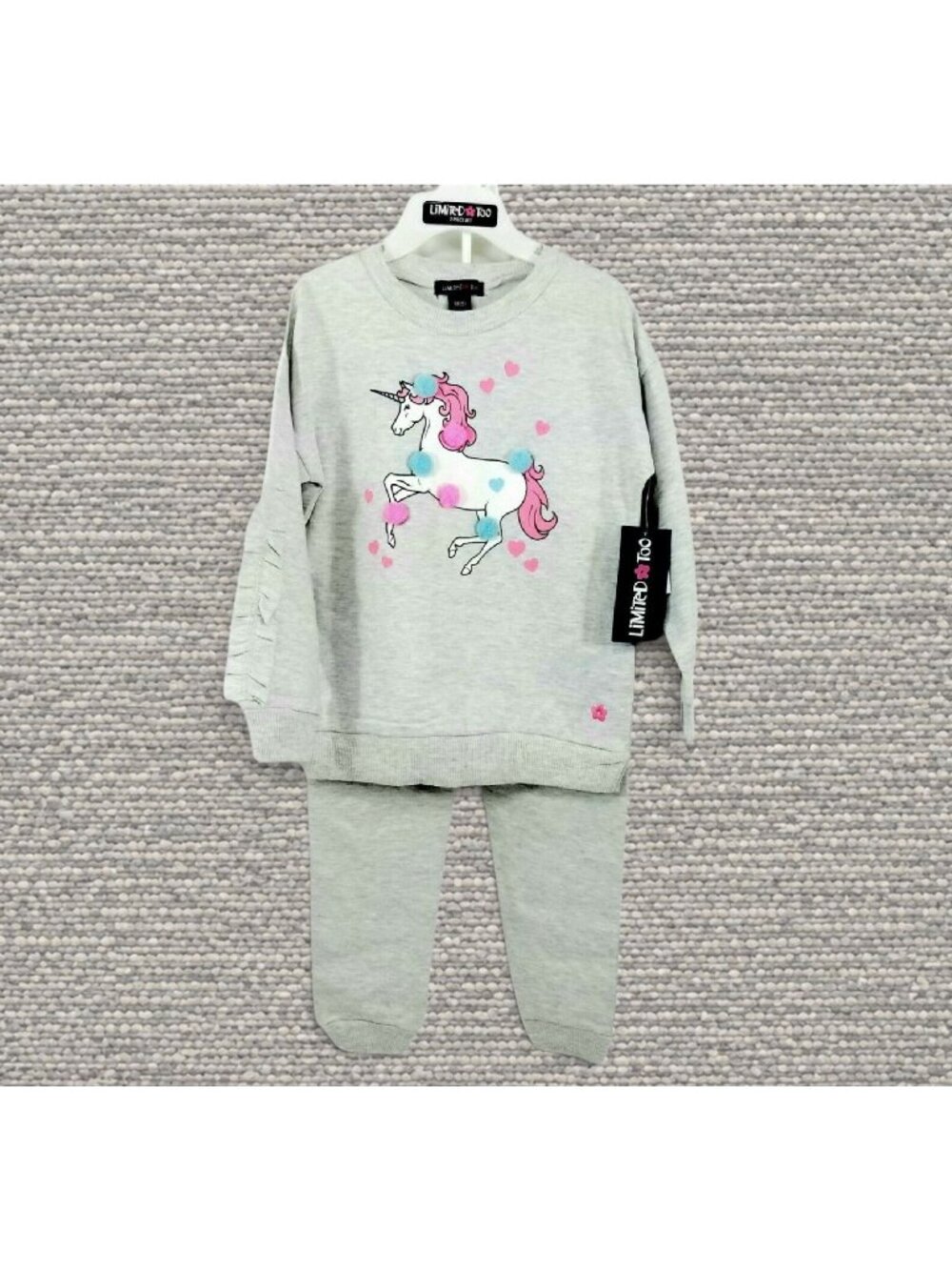 Limited Too 2 Piece Girls Size L 6 Sweatshirt Jogger Set Unicorn Gray Pom Poms